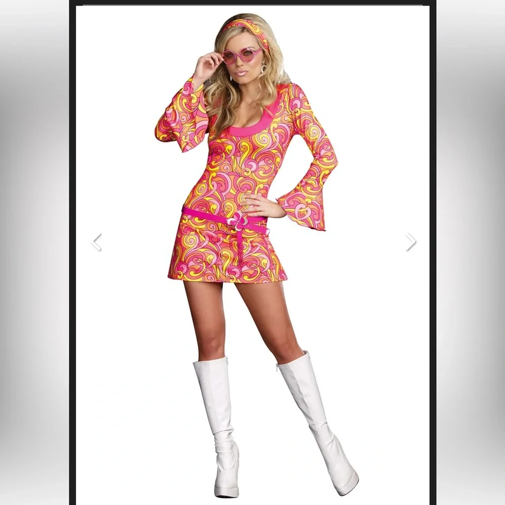 70’s Dream Girl Vibrant Swirl Pattern Dress w Accessories Adult Small Halloween - Picture 11 of 12